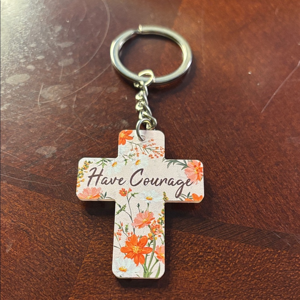 Floral Cross Keychain with 'Have Courage' Inscription